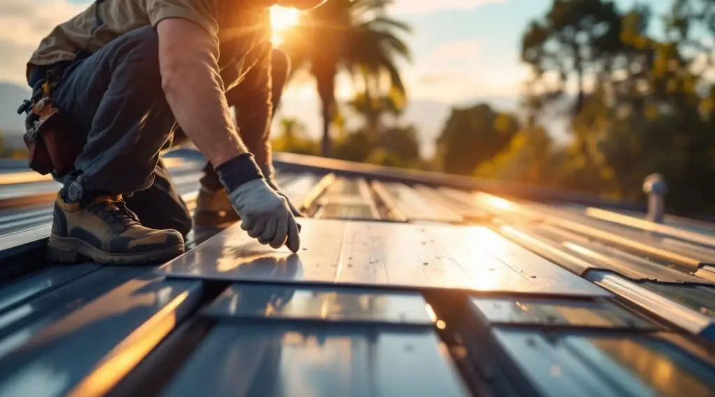 Commercial standing seam metal roof installation on a facility in Brian Head under a clear Utah sky.