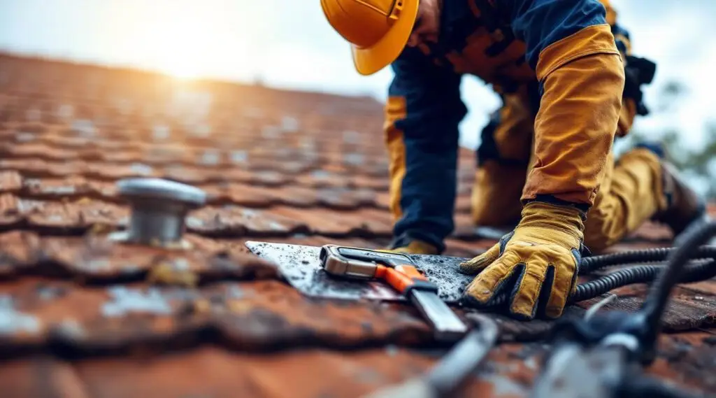 A professional roofing contractor carefully inspecting asphalt shingles on a residential home in Brian Head, Utah.