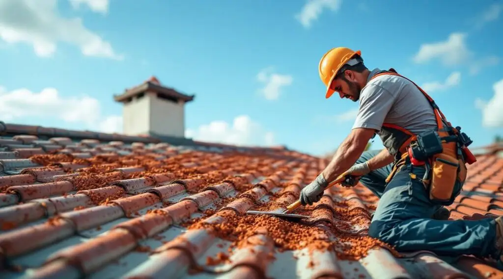 Professional roofing crew installing durable Spanish clay tiles on a commercial facility in Brian Head under a clear sky.