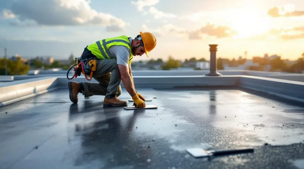Roofing crew installing black EPDM rubber membrane on a Brian Head commercial flat roof under bright morning light.