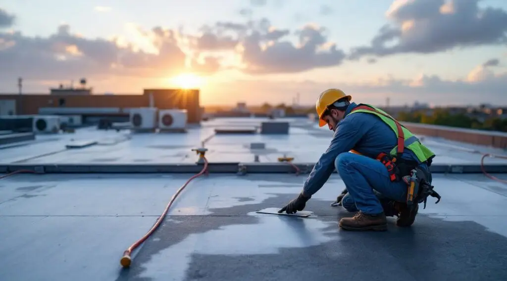 Professional roofing crew installing a durable flat TPO membrane on a Brian Head commercial building under clear skies.