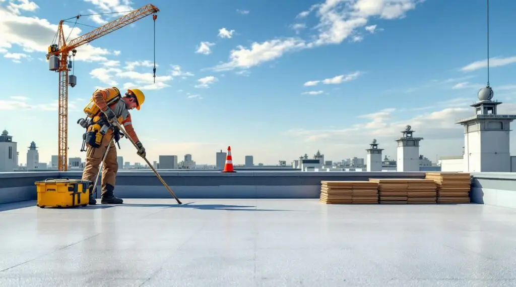 Roofing crew heat-welding a white TPO flat roof membrane on a commercial facility in Brian Head.