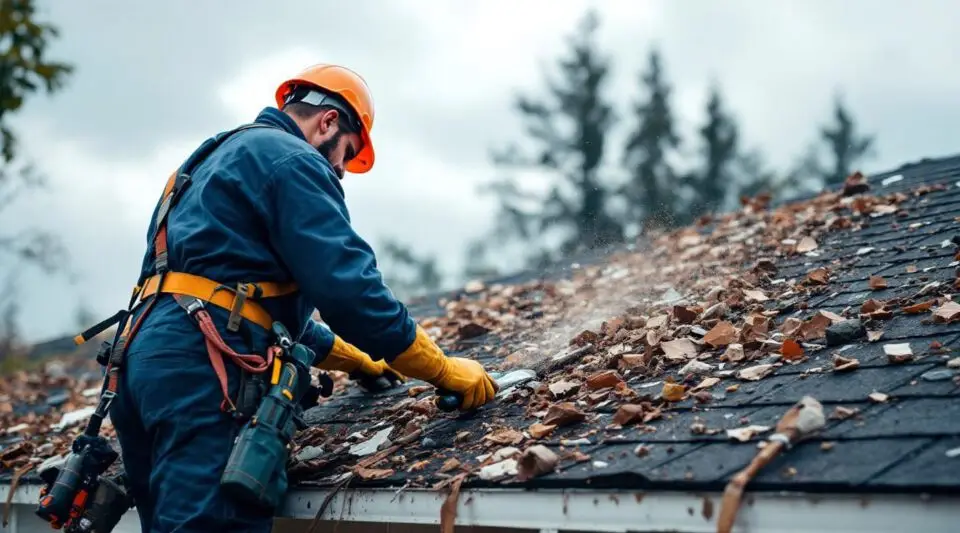 Professional roofing crew inspecting wind-damaged shingles on a Santa Ana home after a severe storm with a focused mood.