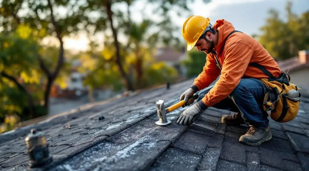A professional roofing technician carefully sealing shingle flashing on a home in Brian Head under a clear Utah sky.