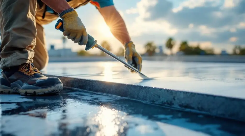 Professional roofing crew applying white silicone roof coating to a flat commercial roof in Brian Head, Utah.
