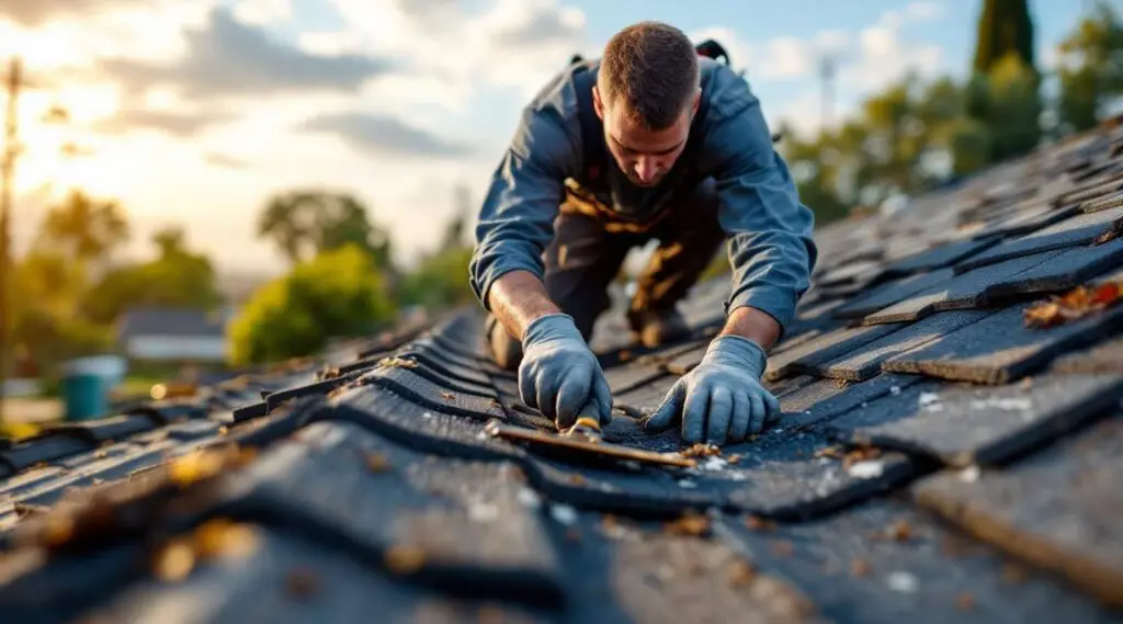 Roofing crew installing architectural asphalt shingles on a commercial building roof in Brian Head under a clear Utah sky.
