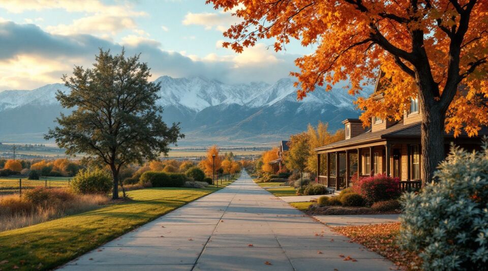 A residential street in Enoch, Utah, with high-desert mountains in the background and a home undergoing roof replacement.
