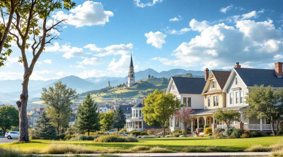 A residential street in Parowan, Utah, showing homes with durable metal and shingle roofs against the backdrop of the red hills.